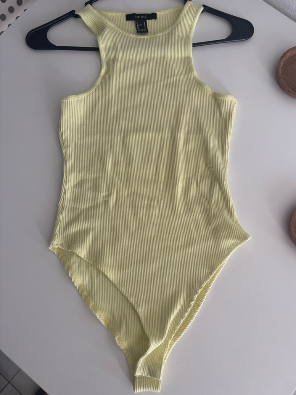 Forever 21 Yellow Ribbed High Neck Sleeveless Bodysuit - M
